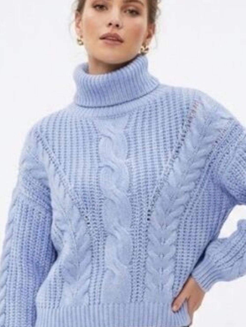 Cozy Cable Knit Turtleneck Sweater - Light Blue